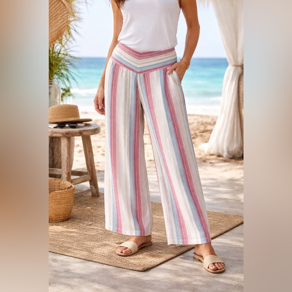 Cato Pants - C Est 1946 Striped Linen Blend Wide Leg Pants XL Coastal Summer Resort